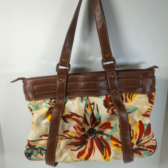 New York & Company Handbags - New York & Company Brown And Floral Fabric/ Faux Leather Handbag